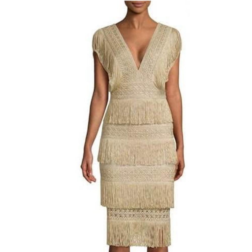 PatBO Women's Size 10 Large Gold Metallic Fringe Shift Midi Dress